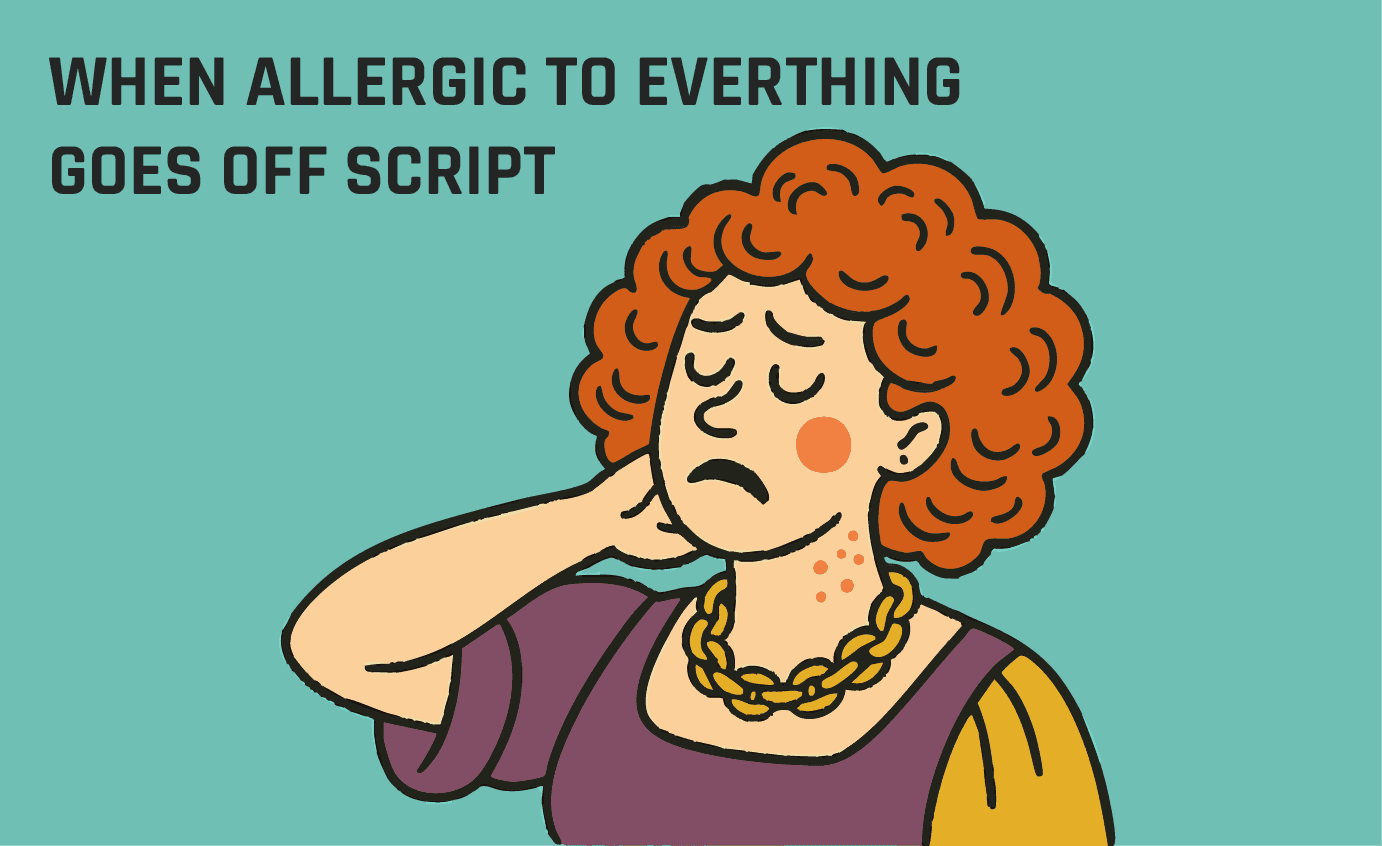 Community theater costume with gaudy necklace and curly wig