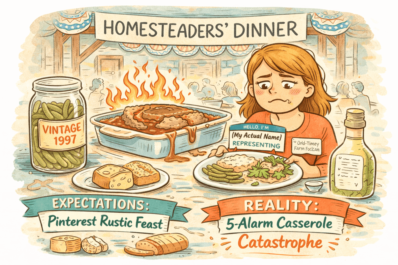 Grange hall potluck table with very suspicious casseroles