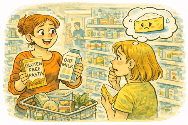 Person holding cheese while eyeing a restricted eater’s plate