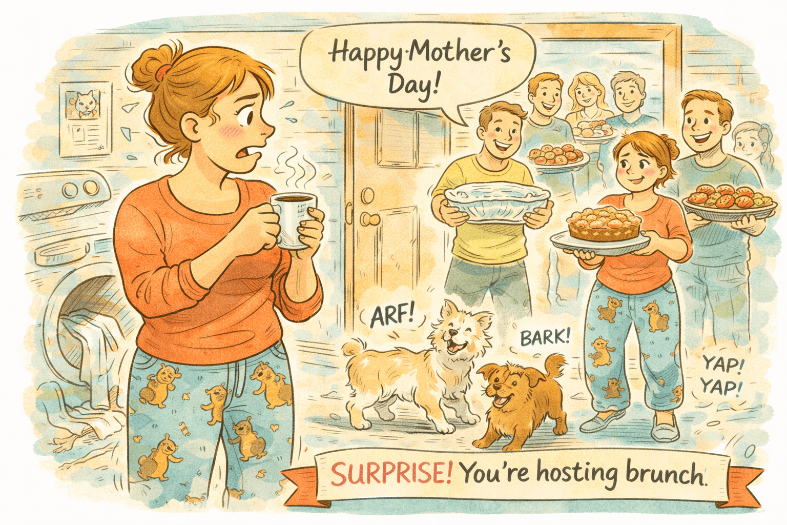 Surprise Mother’s Day brunch scene with pajama-clad host