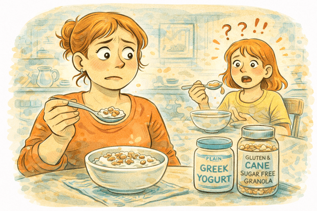 A suspiciously normal bowl of yogurt and granola under dramatic lighting