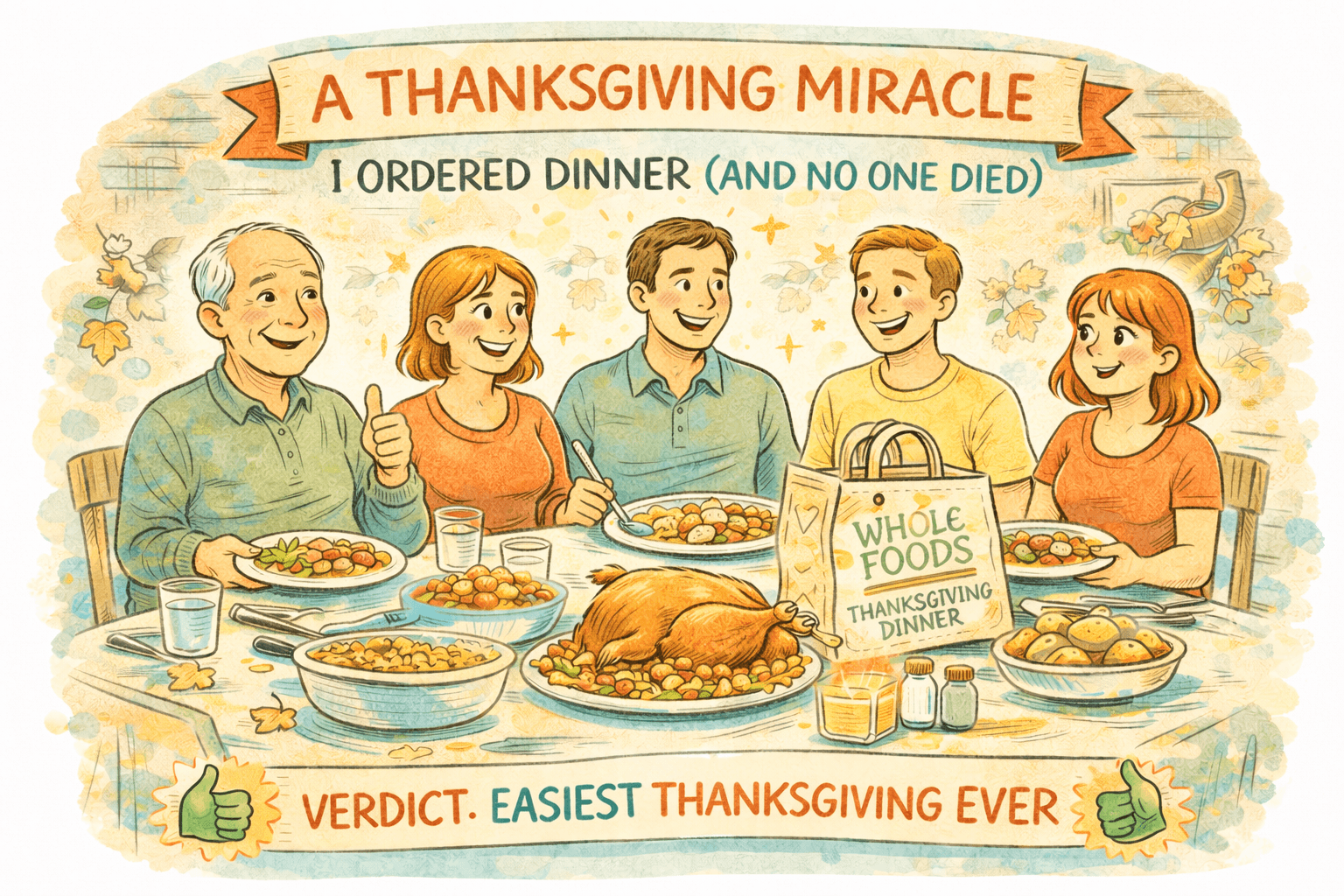 Store-bought Thanksgiving spread with a calm, clean kitchen vibe