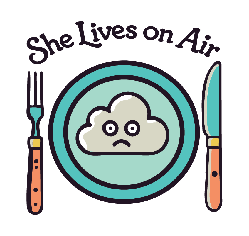 She Lives on Air logo of cloud on plate with fork and knife.
