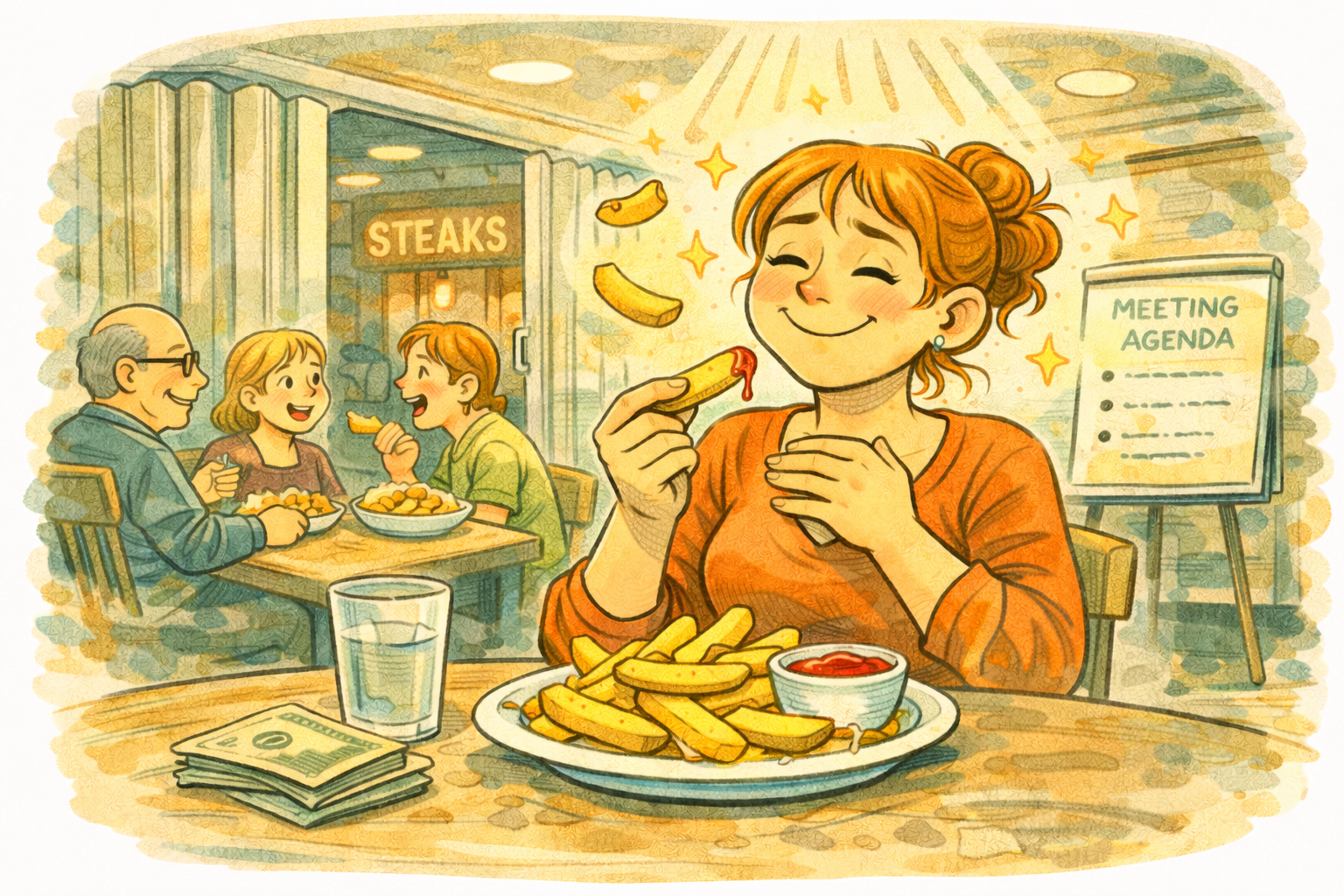 A glorious plate of steak fries in a retro restaurant setting